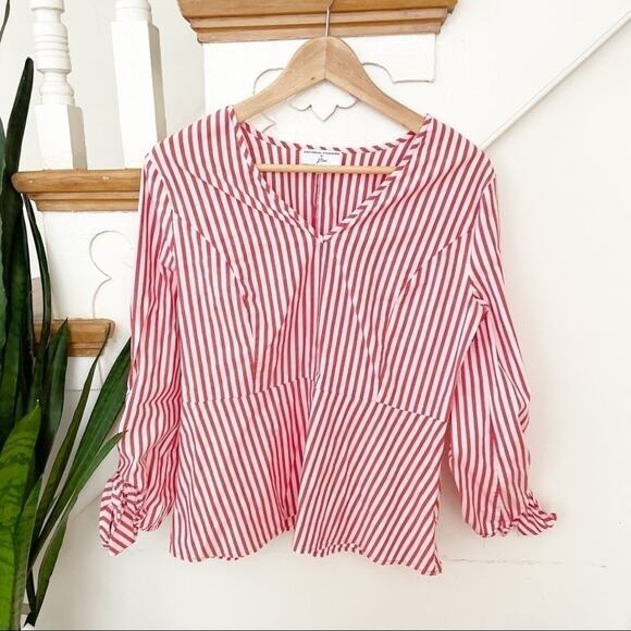 Universal Standard for J.Crew Red/White Striped Poplin Tie-Sleeve Blouse Size XS - Picture 2 of 10